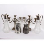 Made in England Silver plated two water carafes with silver plated handles and lids, 2 three arm