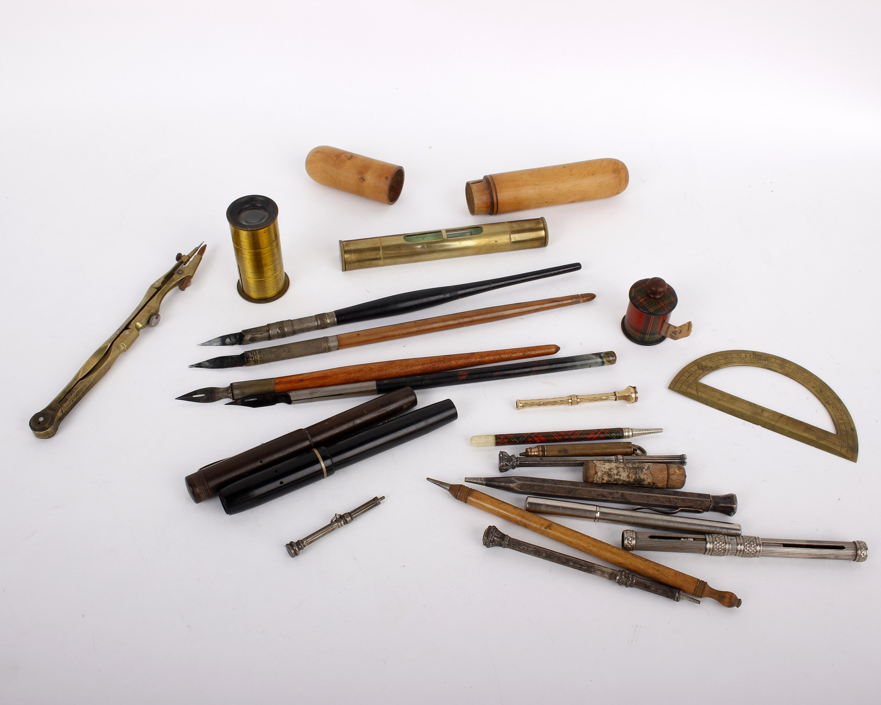 4 x old dip ink pens, geometry set plus level, 2 x vintage c1950's fountain pens, a collection of