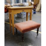 A modern golden oak side table with shelf under fitted drawer together with a foot stool