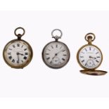 A sterling silver pocket watch and one gold plated pocket watch and one white metal pocket watch.
