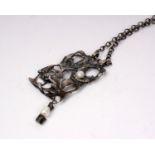 A sterling silver abstract pendant on chain set with two baroque pearls by Mappin and Webb. 24g