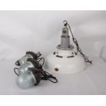 A Thorlux Industrial Light and Three Vintage Industrial Pendant Lights (Untested)Enamelled metal and