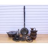 An Assortment of Copper and Brass Items Including a Victorian bed pan with ebonised handle, an