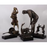 Brass statues to include a Golfer 38cm, a lady with a basket 43cm, Leopard, fighting hares, swan