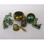Zsolnay items in iridescent green, gold and copper coloured eosin glazed frog, girl with cockerel,