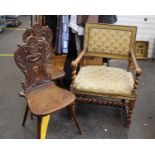 A French Barley Twist Armchair and A Pair of Carved Oak Hall Chairs19th centuryArmchair; (H)94 x (