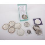 An assortment of 10 sterling silver medals & an 1891 Crown which has been turned into a pendant.