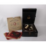 Portable Gramophone in Black Case in good condition with interior plaque His Masters Voice. Spare