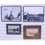 Two black and white prints in frames The Bismark at Bergen, Norway and HMS RevengePrint of a port