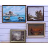 Four Oil Paintings of Landscapes and Maritime ScenesTwo Chinese junk boats at sea, oil on canvas, 73