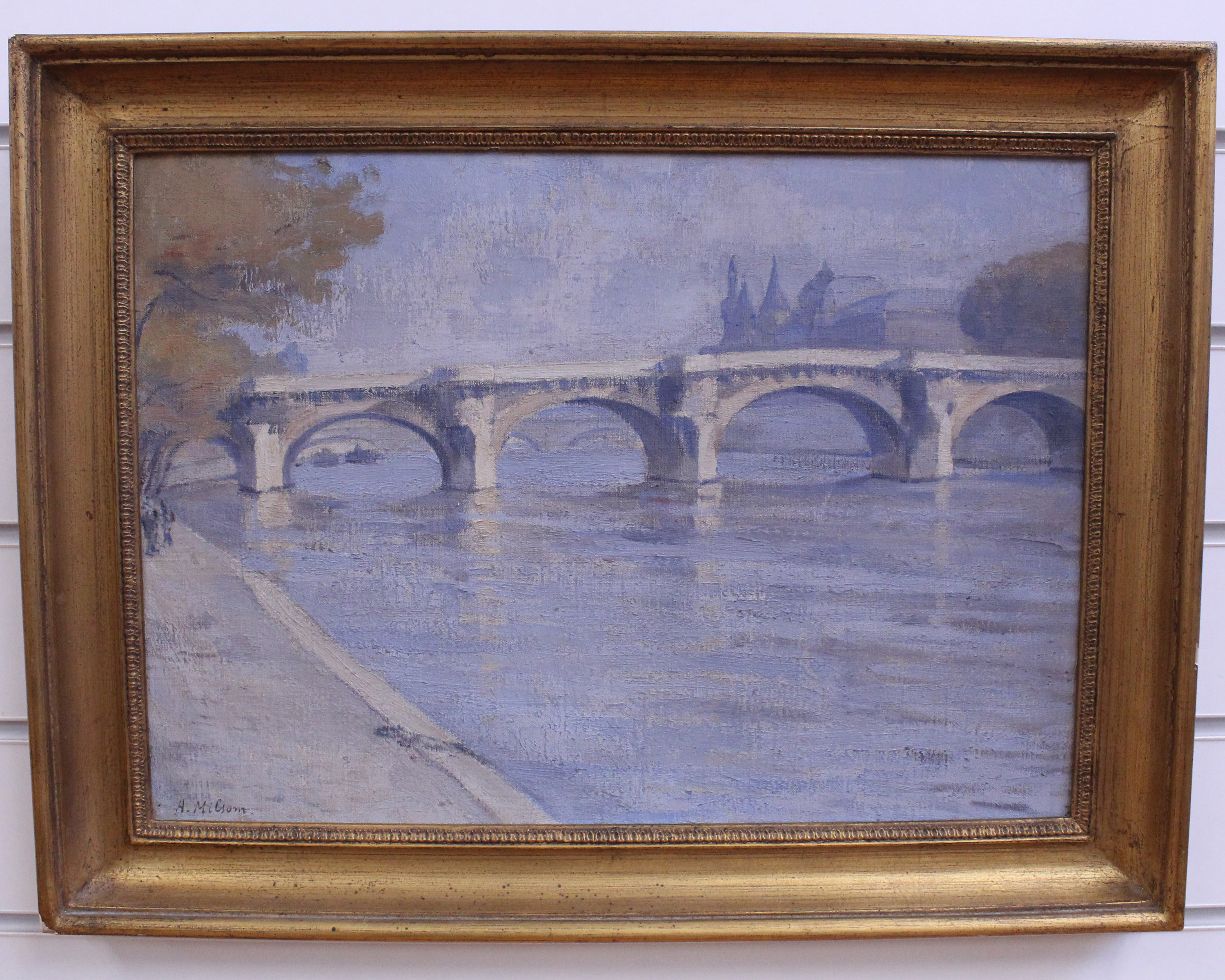 An Oil Painting of a Bridge in a Gilt Frame (19th/20th Century, Impressionist Style)Signed 'A.