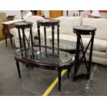 Two Louis XV Style Oval Coffee Tables With A Matching Side Table and Two Marble Top Pedestals (As