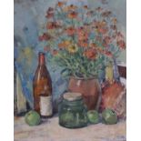 A Still Life Painting of Flowers, Fruit and Glass Items (20th Century)Signed 'Edq. Spada' lower