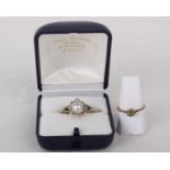 18ct gold ring with single cut diamonds in each corner with pearl , plus other is a paste ring