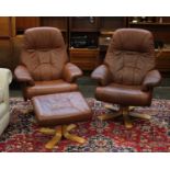 A Pair of Reclinable Tan Leather Easy Chairs and An Ottoman(H)100 x (W)80 x (D)80 cm (one chair)