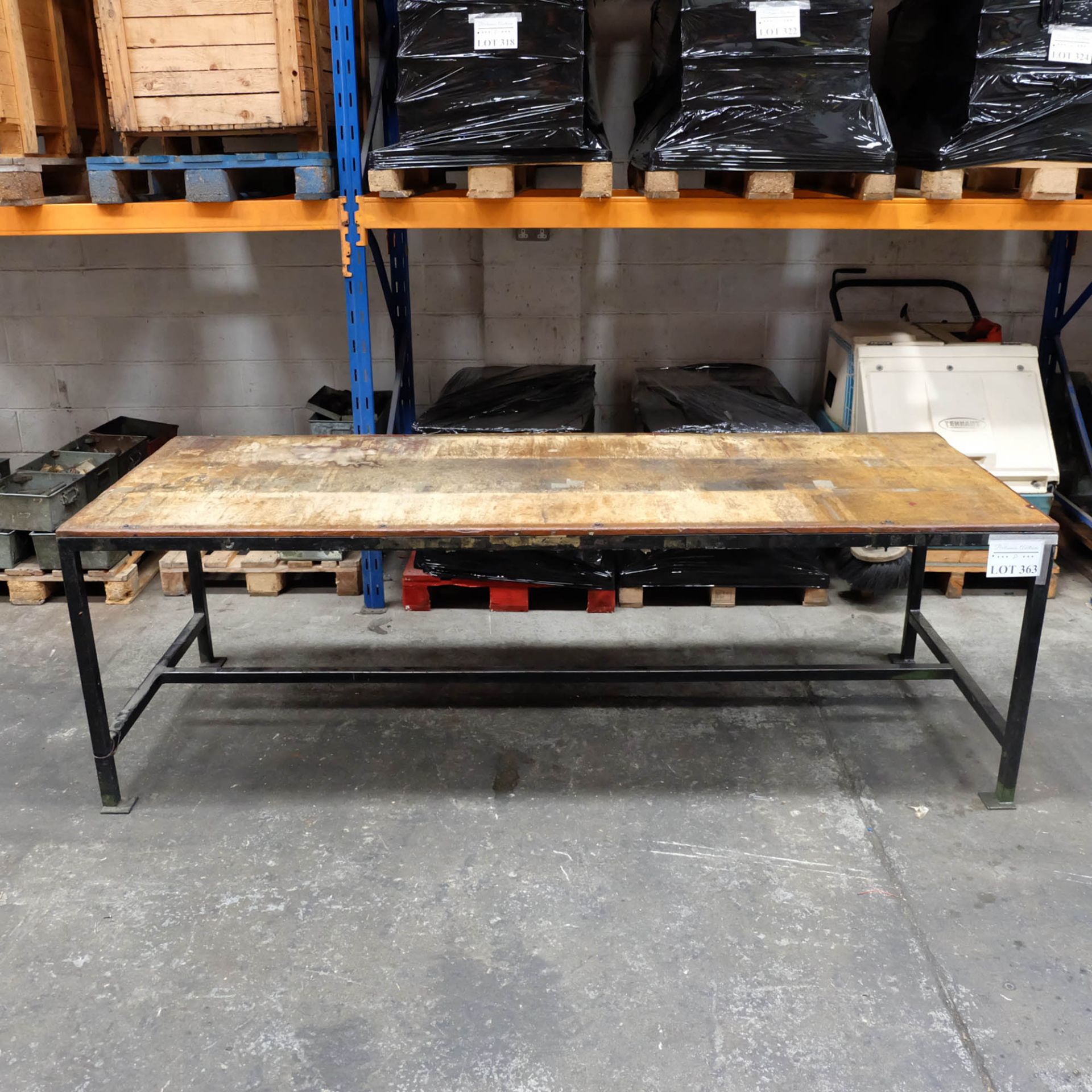 Work Bench Size 8ft x 3ft x 31" High Wooden Top On Steel Stand