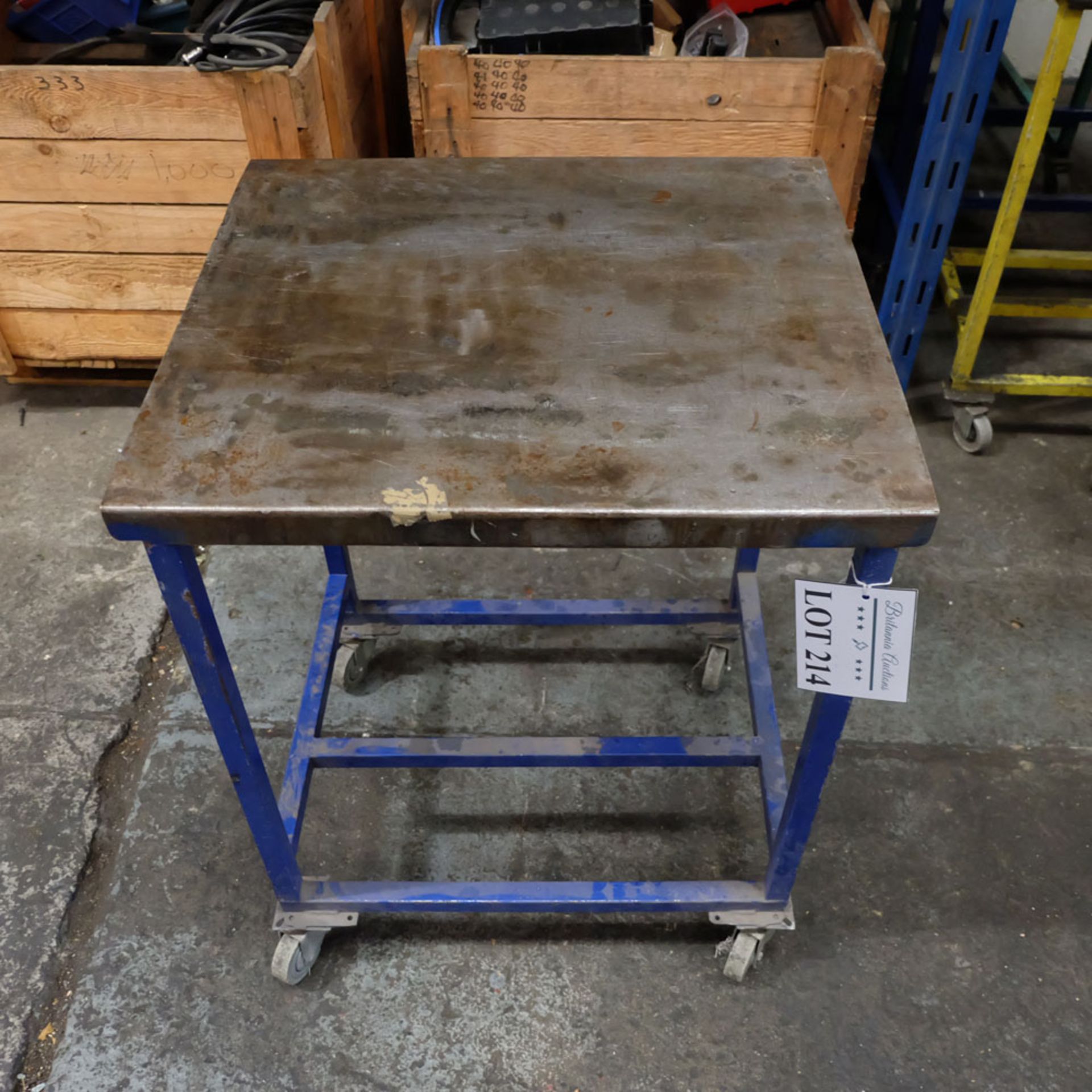 Mobile Steel Table on Castors. Approx Working Height 750mm. Approx Surface Size 570mm x 510mm.