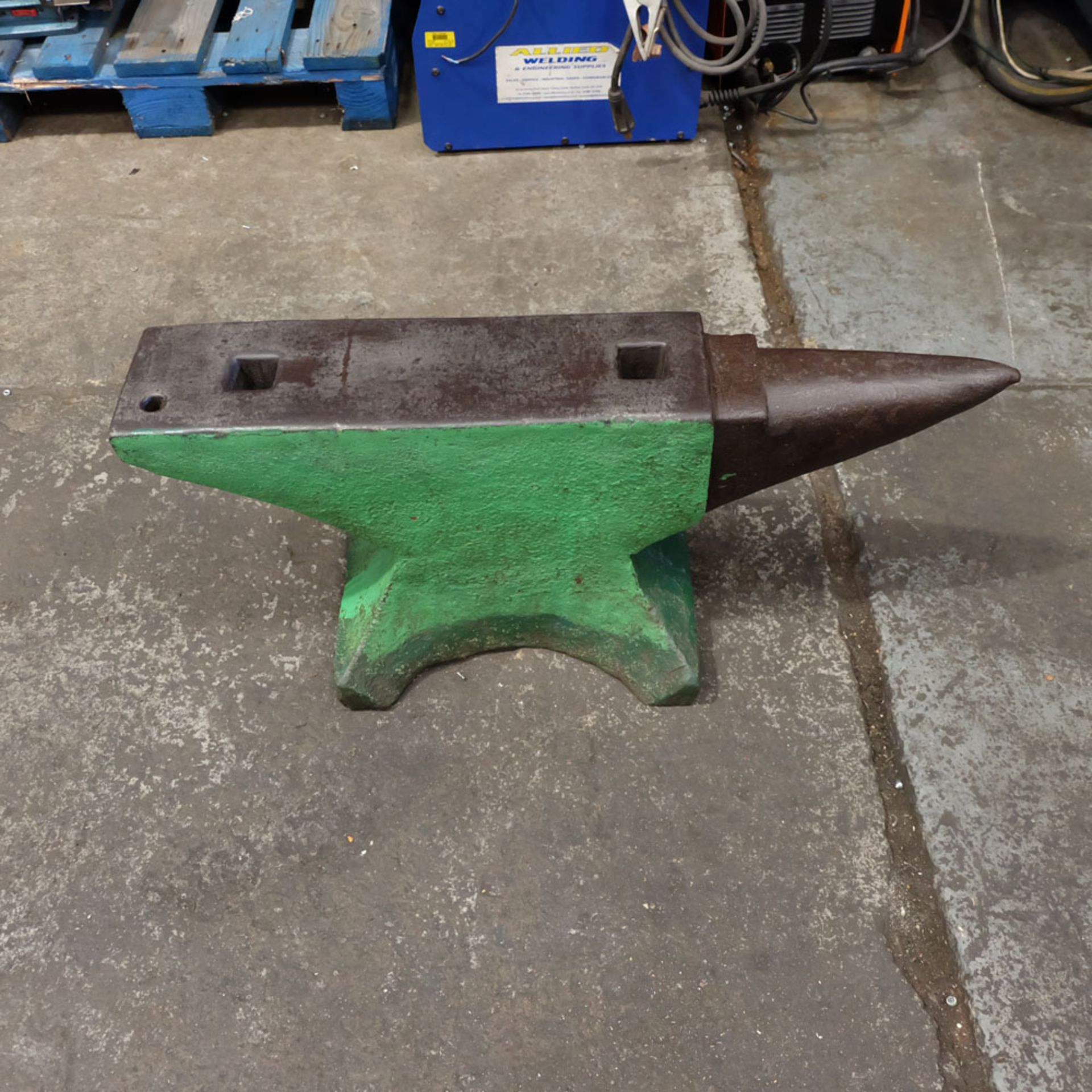 Blacksmiths Anvil. Total Length 35". Working Height 14". Flat Surface Area 22" x 6". Horn Length 12"