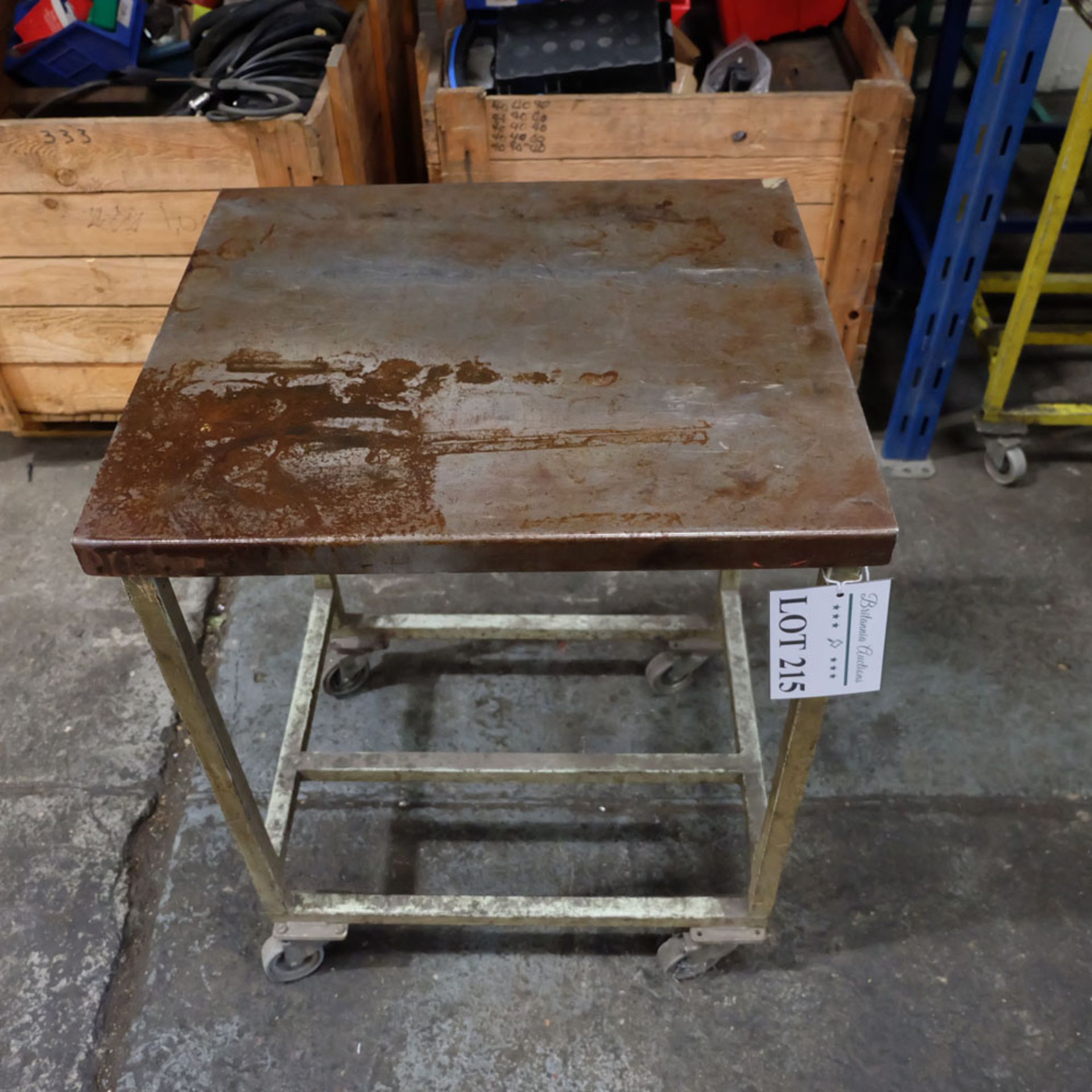 Mobile Steel Table on Castors. Approx Working Height 740mm. Approx Surface Size 570mm x 510mm.