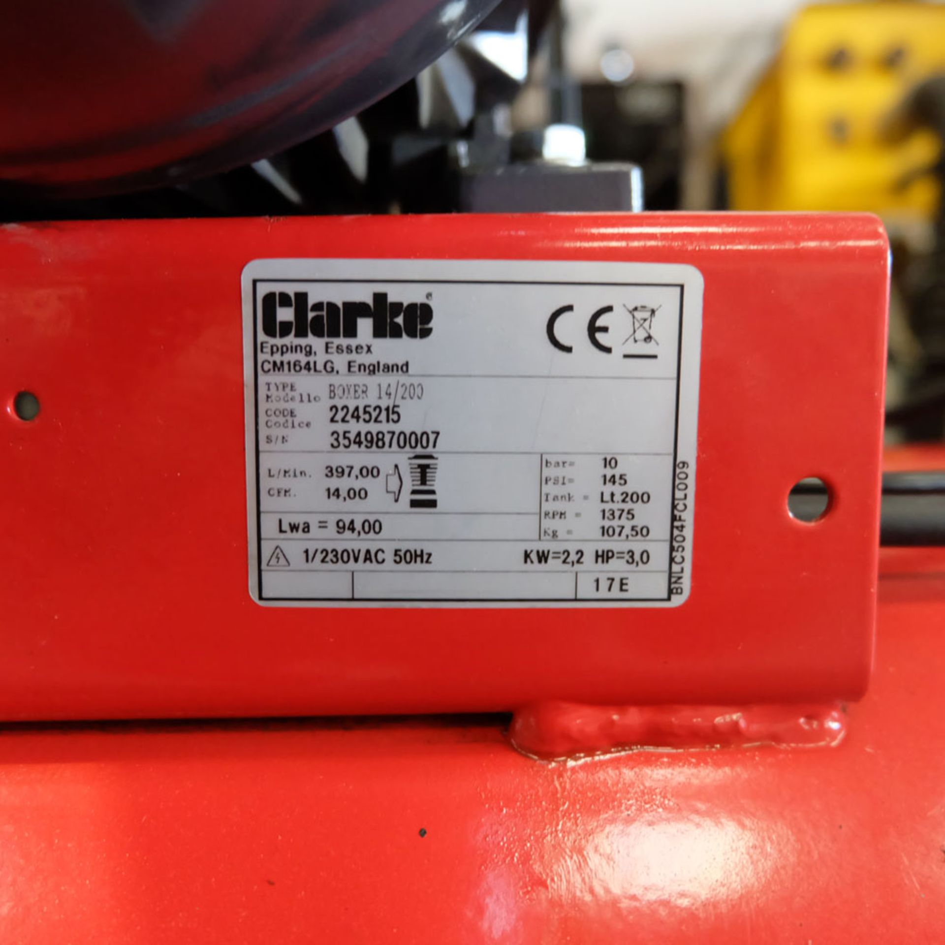 Clarke 14cfm Air Compressor. Motor 2.2kW. Single Phase. Air Receiver Size 150Ltr. - Image 7 of 10