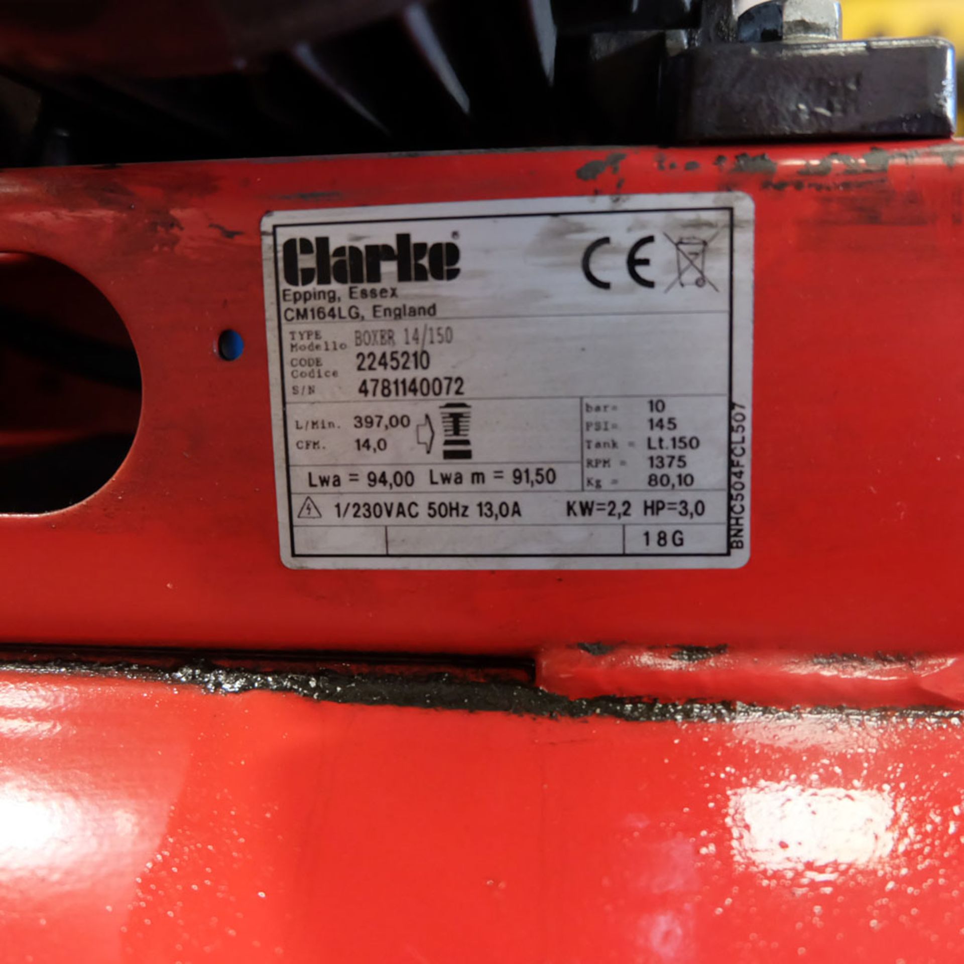 Clarke 14cfm Air Compressor. Motor 2.2kW. Single Phase. Air Receiver Size 150Ltr. - Image 9 of 9