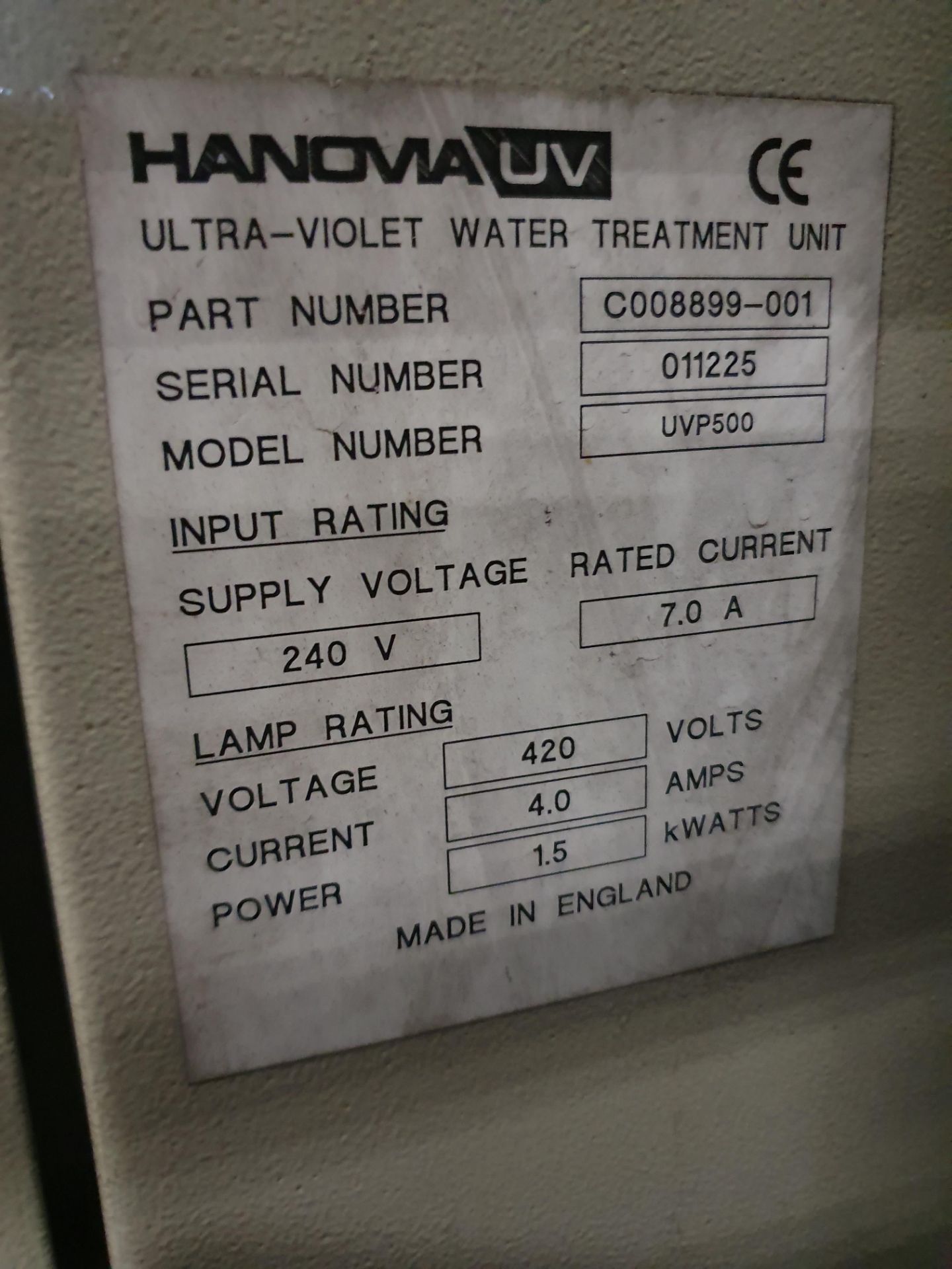 Hanovia UV Unit Model UPV500 - Image 2 of 2