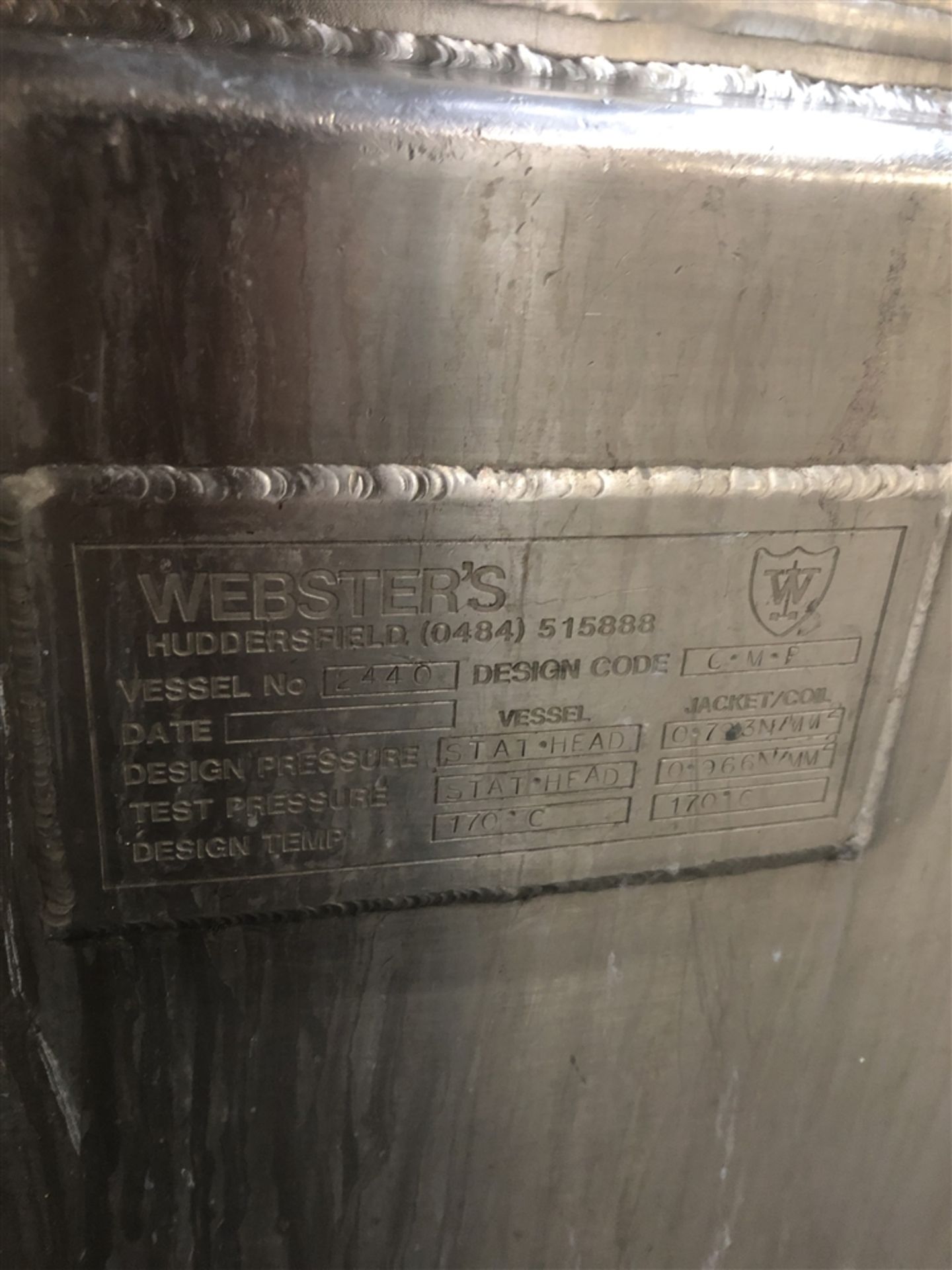 Websters 5000 Litre jacketed mixing vessel with Li - Image 9 of 11