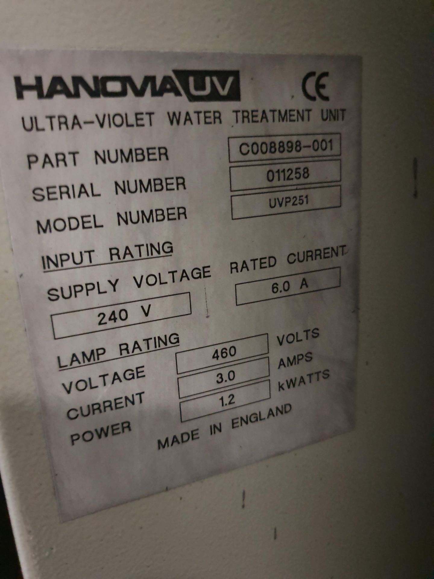 Hanovia UV Unit Model UPV251 - Image 2 of 2