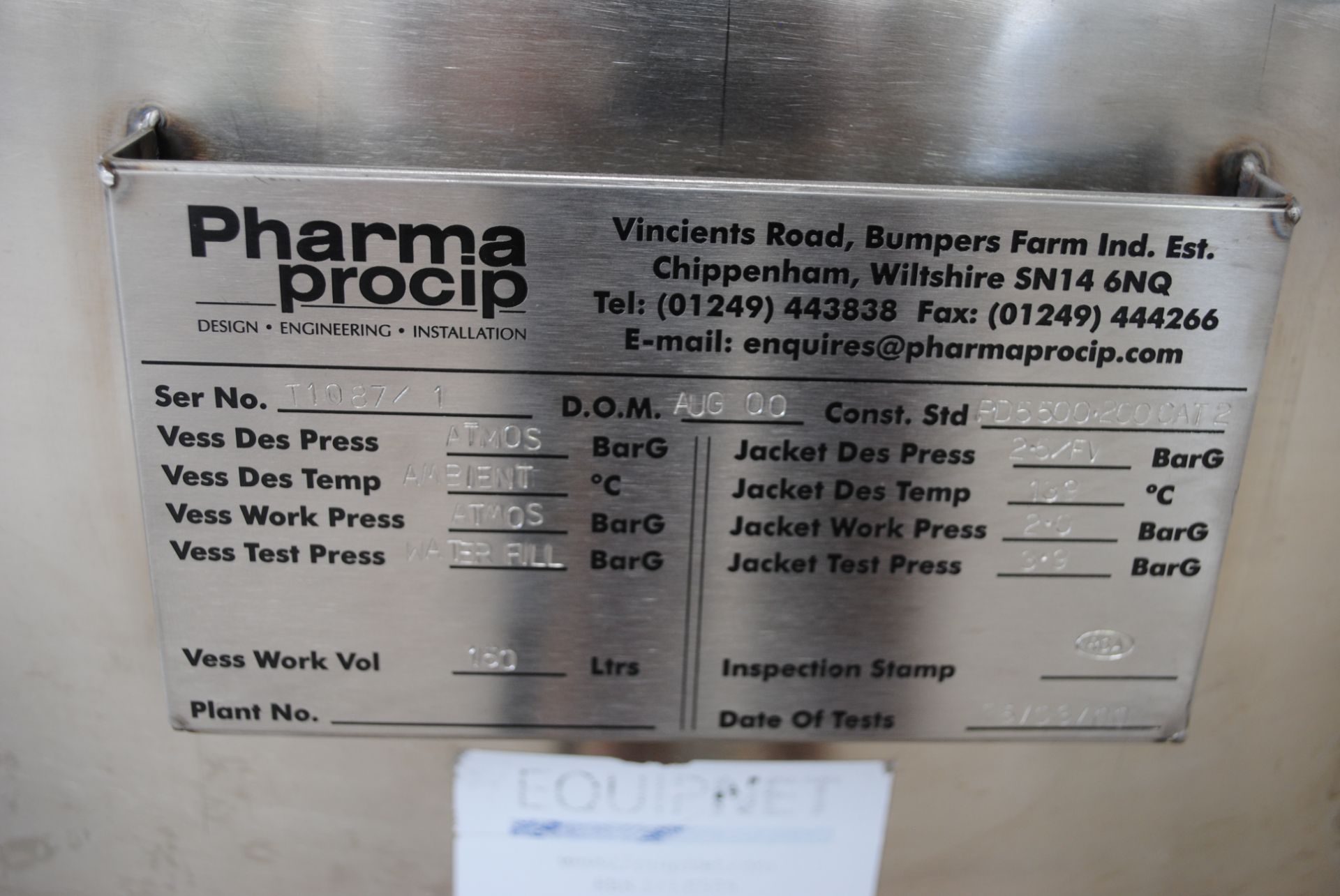 Pharma Procip 150 Litre Jacketed Mixing Vessel D.O.M 2000 S/N: T1087/1 - Image 7 of 7