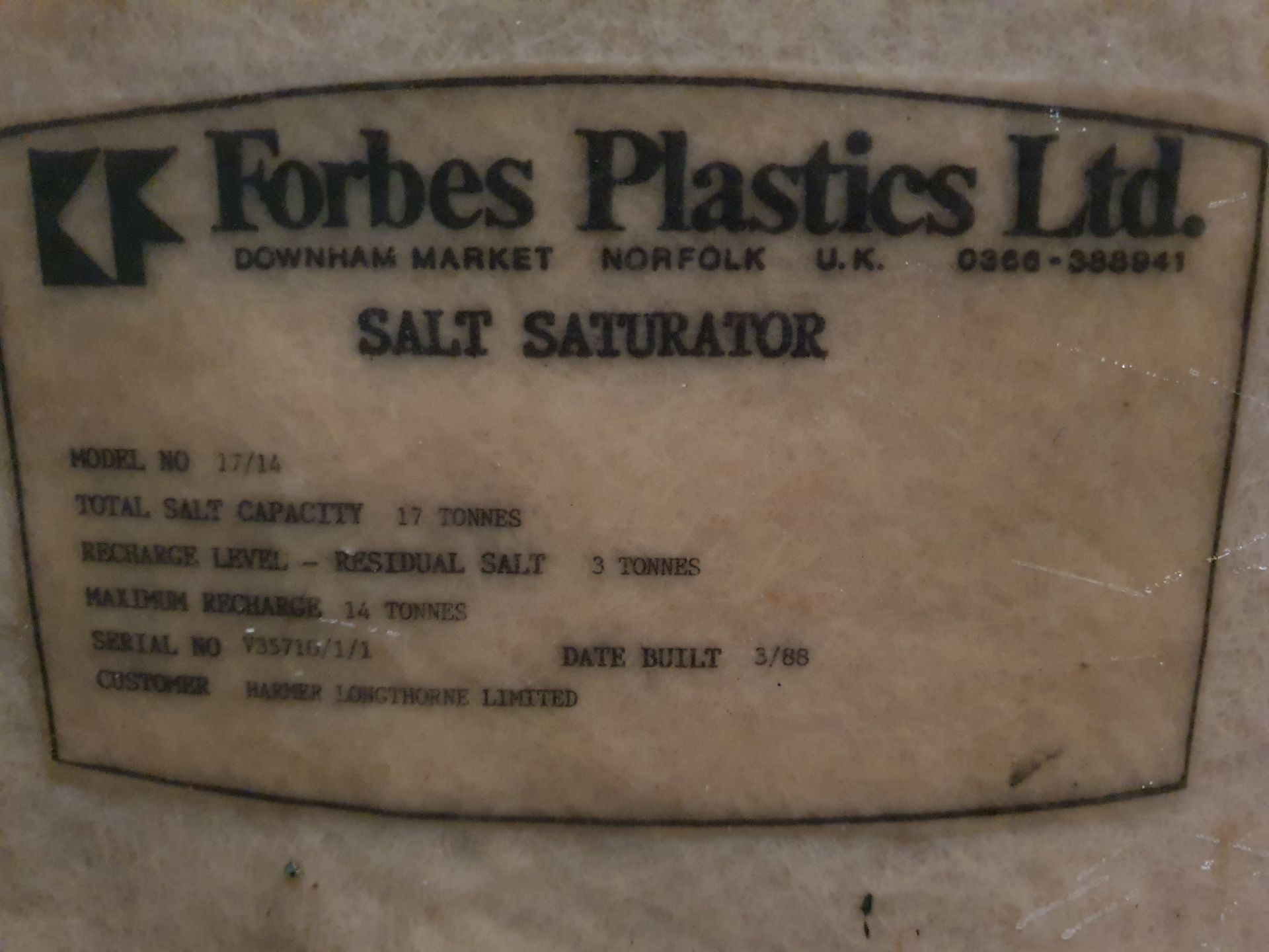 Forbes 17t Fibreglass Salt Saturator Tank - Image 2 of 2