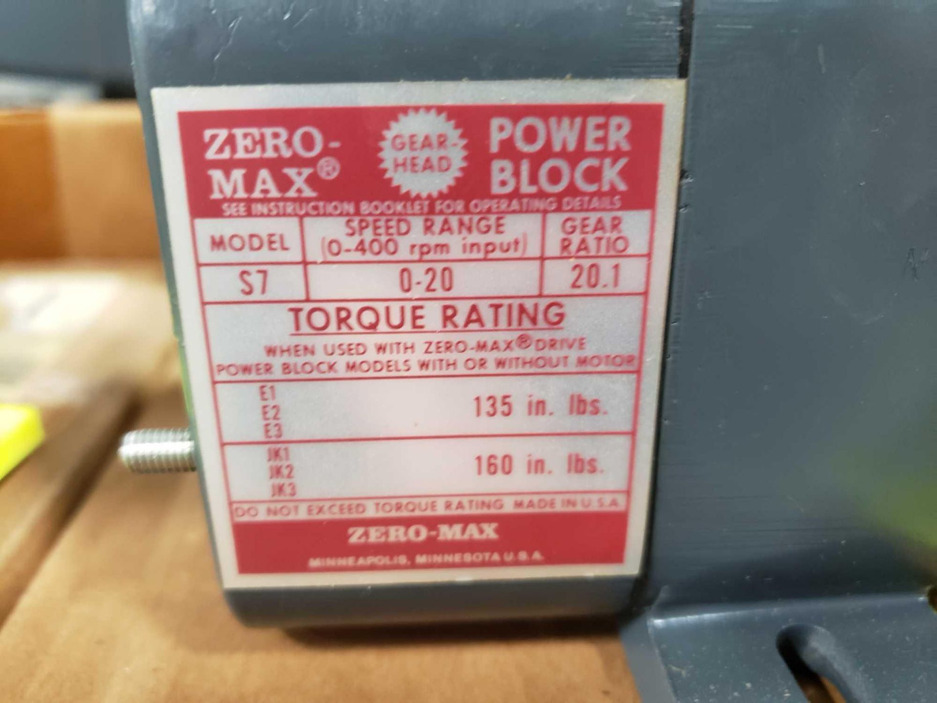 Zero-max gearhead power block model S7, 0-20 output rotation, 12lb torque, 20:1 range. New in box. - Image 2 of 3