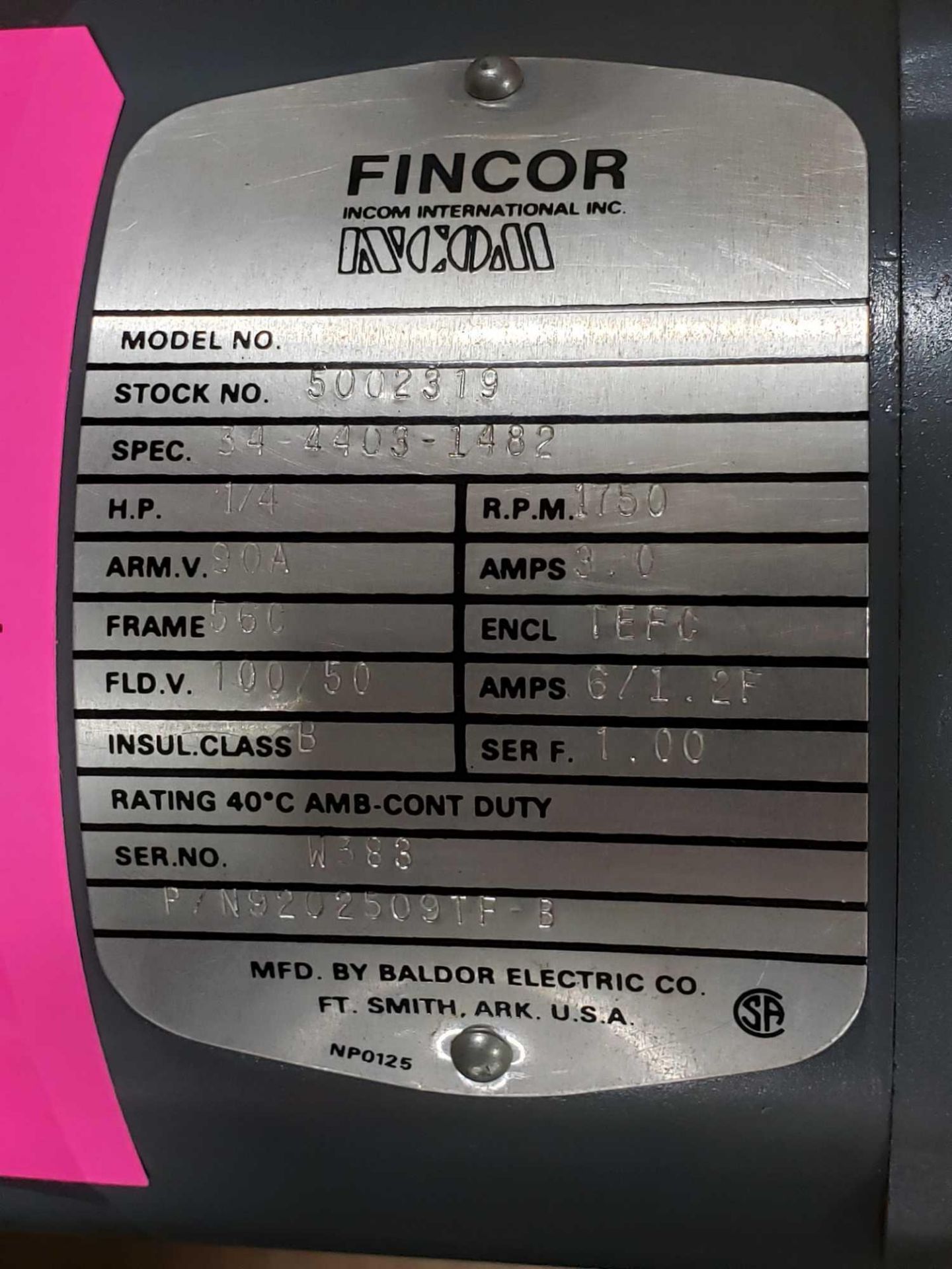 1/4hp Fincor Baldor DC motor, 100vdc, 1750rpm, 56C frame. New as pictured with shelf wear. - Image 3 of 3