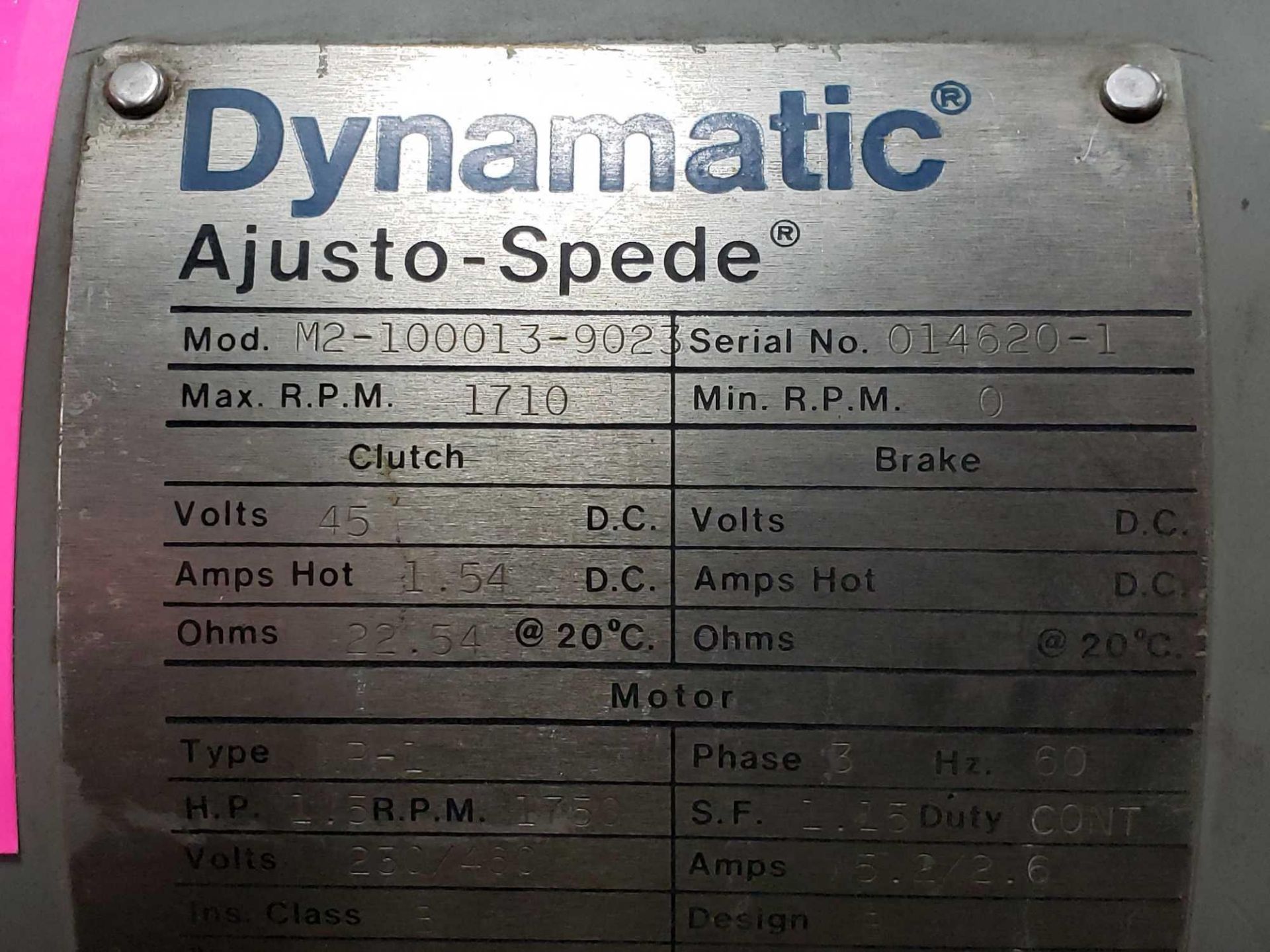 1.5ph Eaton Dynamatic adjusto-Spede motor clutch brake model M2-100013-9023, 1710rpm,230/460v. - Image 2 of 4