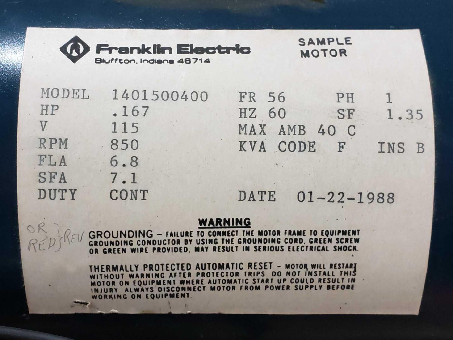 .167hp Franklin motor model 1401500400, single phase 115v, 850rpm, 56 frame. New in box. - Image 2 of 3