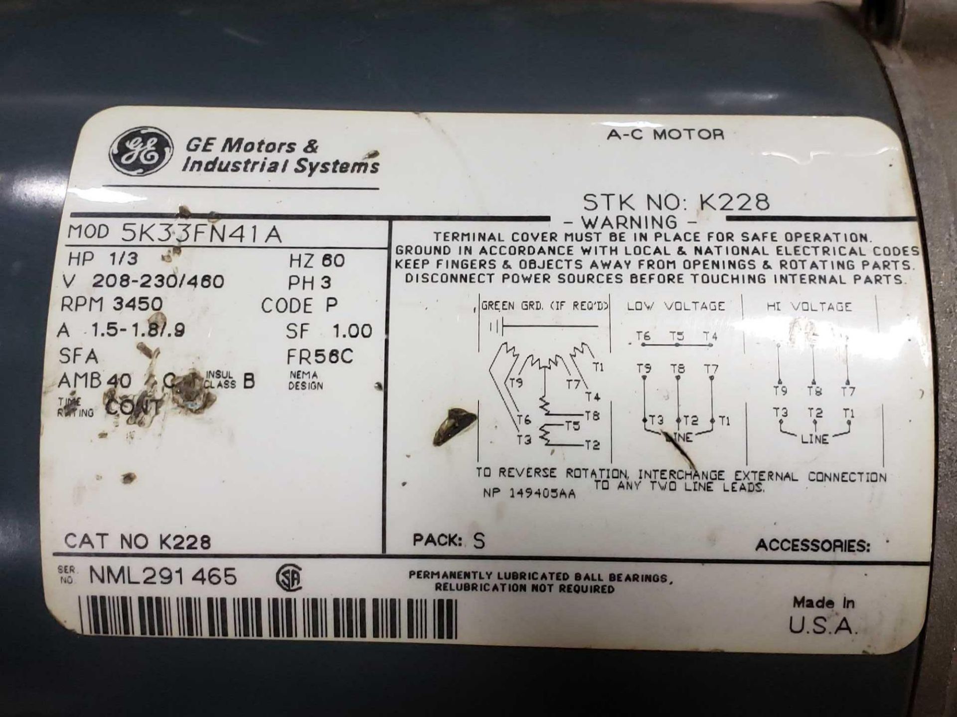 1/3hp GE motors model 5K33FN41A, 3 phase 208-230/460v, 3450rpm, 56C frame. Appears new with wear. - Image 3 of 3