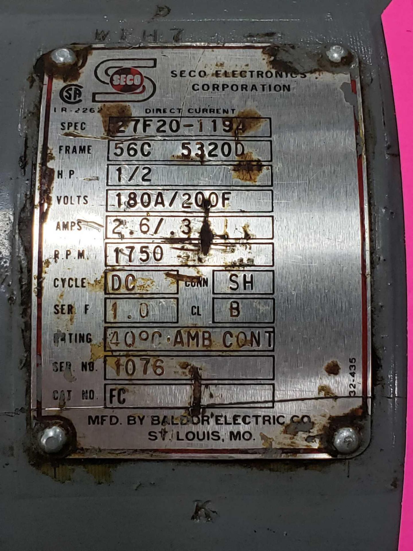 1/2hhp Seco Baldor DC motor model 27F20-1194, 180A/200F, 1750rpm, 56C frame. - Image 2 of 4