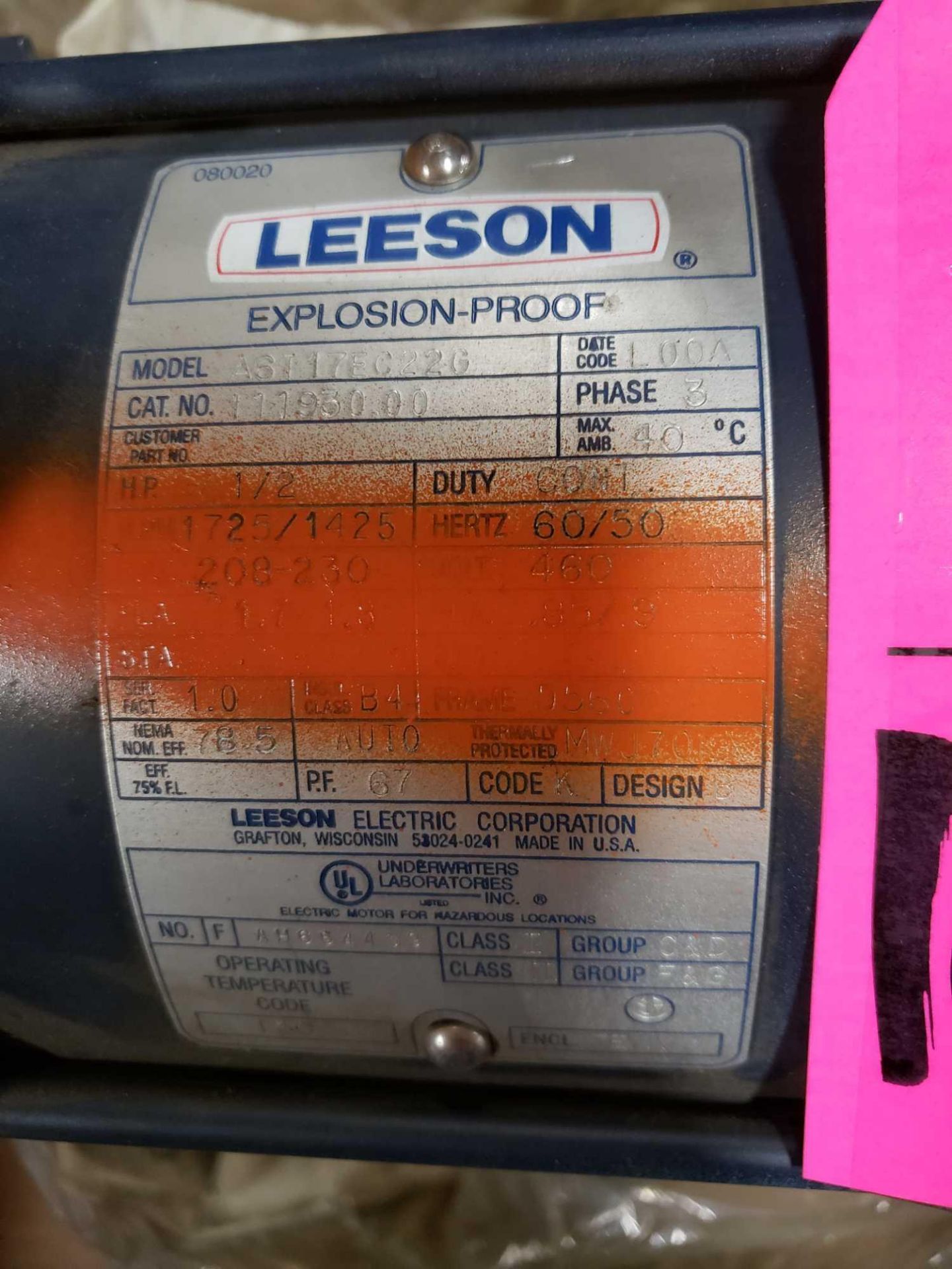 1/2hp Leeson explosion proof motor model AST17EC22G, 208-230/460v, 1725/1425rpm. - Image 3 of 3