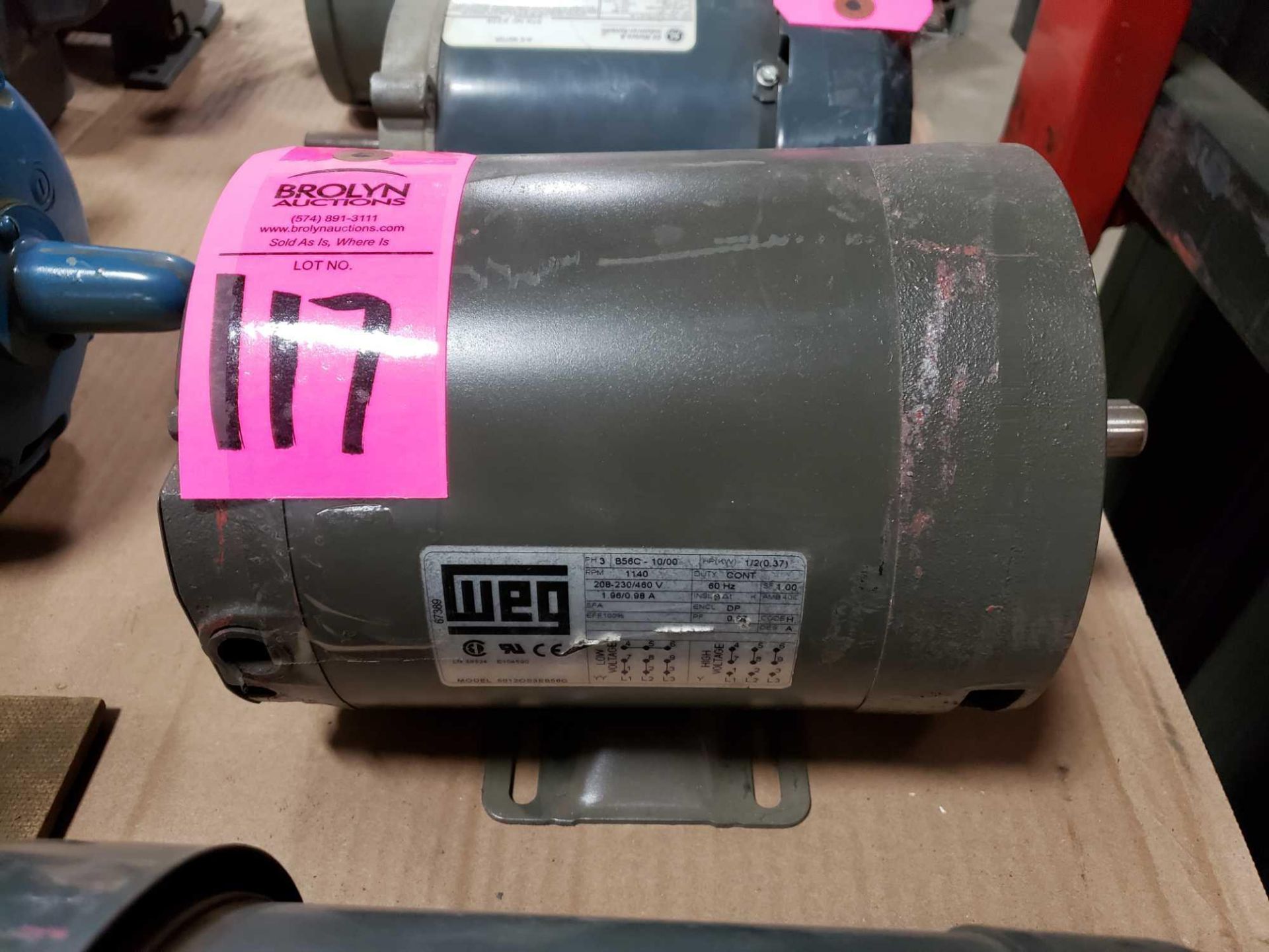 1/2hp WEG motor model 5012OS3EB56C, 3 phase 208-230/460v, 1140rpm. New with shelf wear.