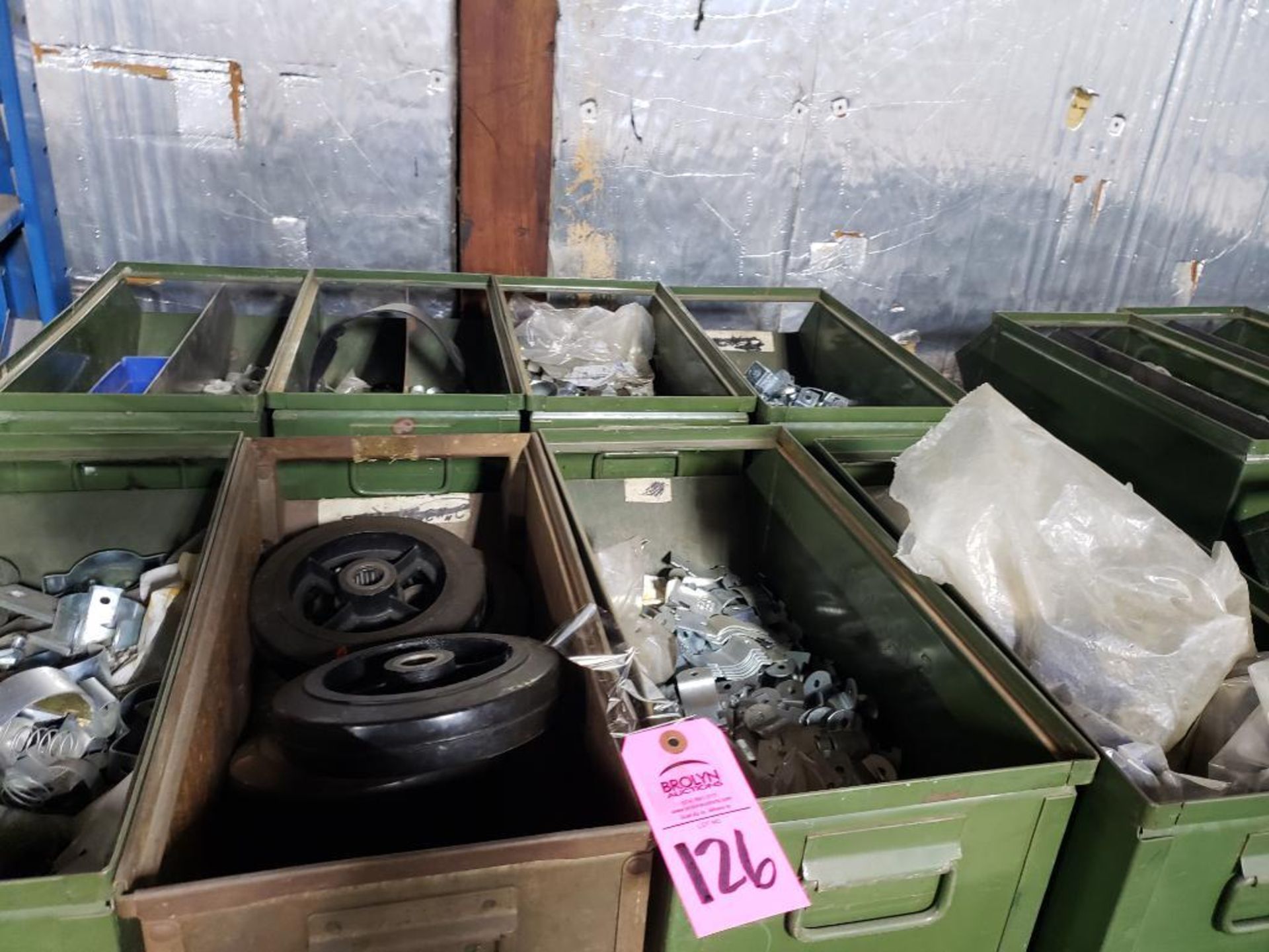 Pallet of assorted hardware and stack on bins.