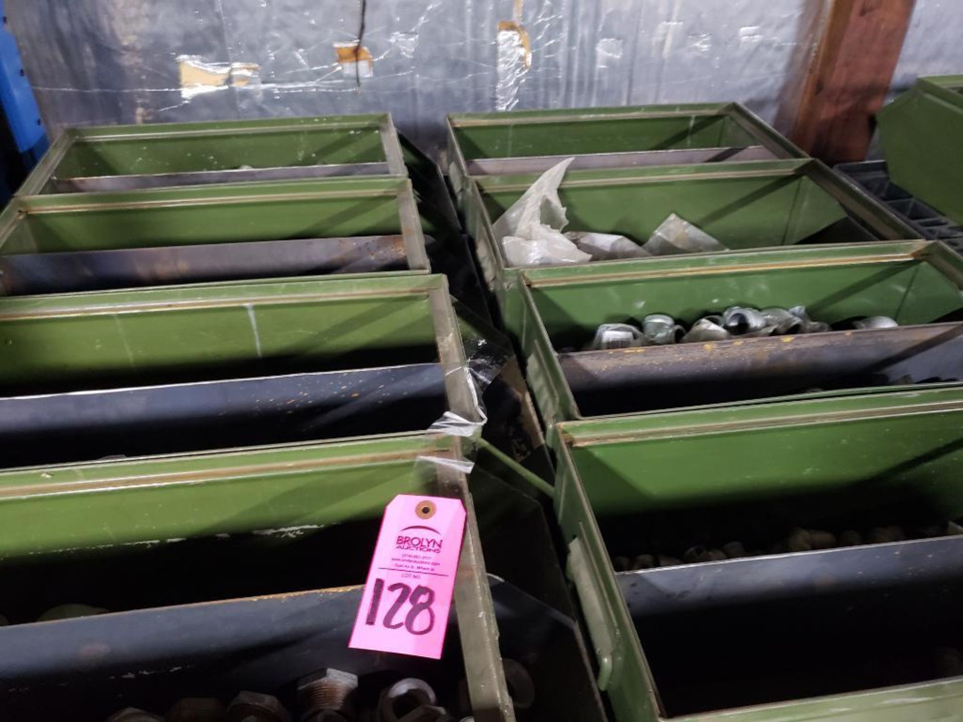 Pallet of assorted hardware and stack on bins.