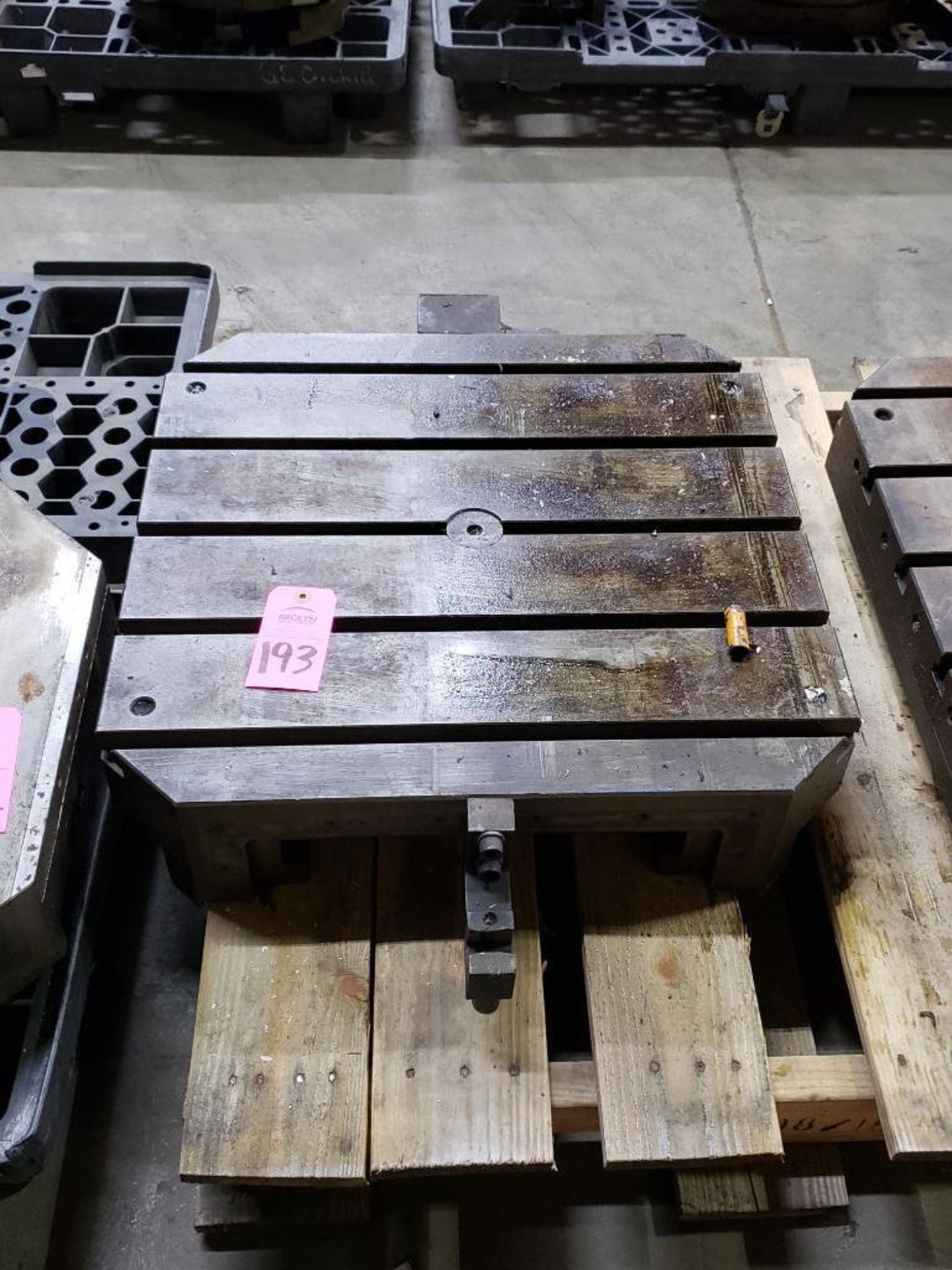 25"x25" T-slotted CNC pallet shuttle table. Approx 13 1/4" way clearance.