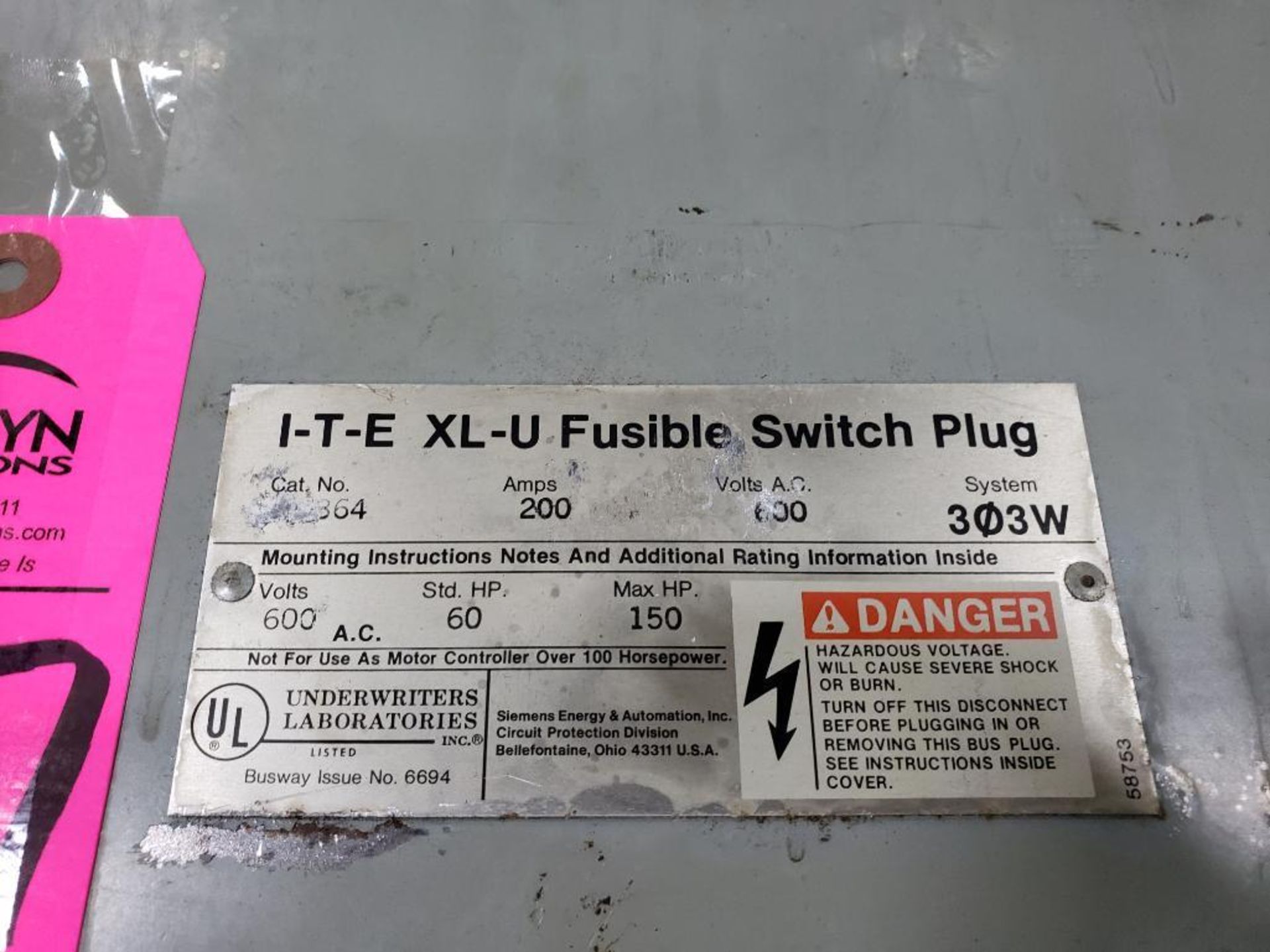 ITE bus duct fusible switch plug. 600vac, 200amp, catalog UV364. - Image 3 of 3