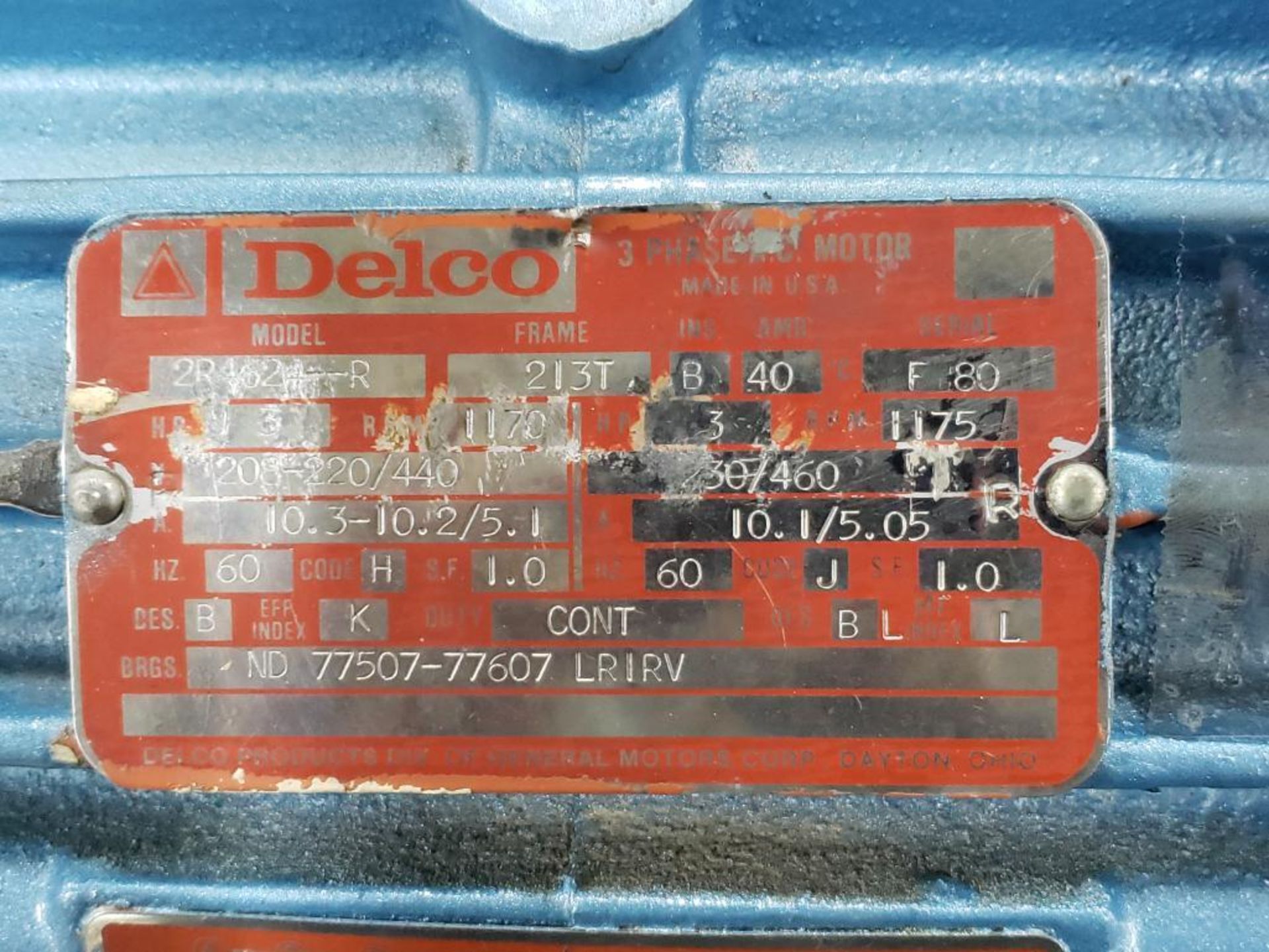 3hp Delco motor model 2R4624-R, 208-220/440v, 1170rpm, 213T frame. - Bild 4 aus 4