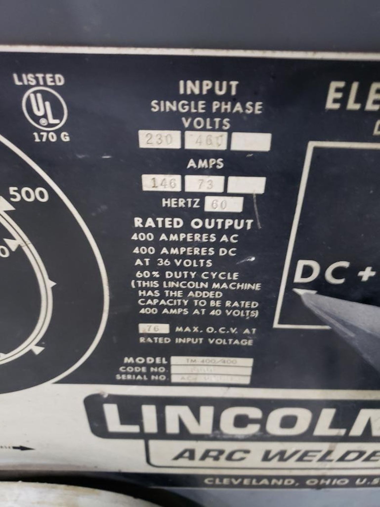 Lincoln Idealarc TM-400/400 Arc Welder. 3 phase, 230/460v. - Image 3 of 5