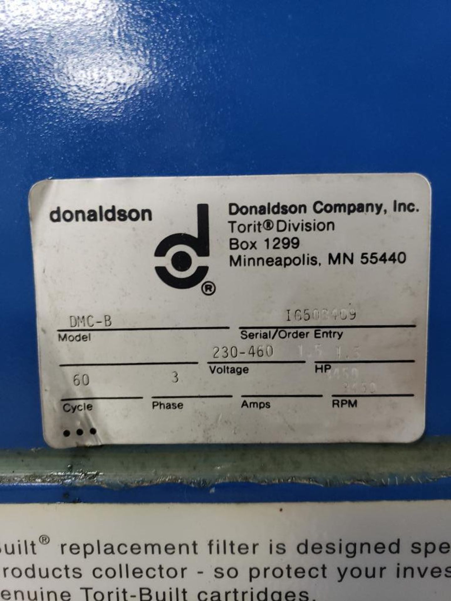 Torit Donaldson Dryflo dust collector model DMC-B, 3 phase 230-460v, 1.5hp. - Image 8 of 8