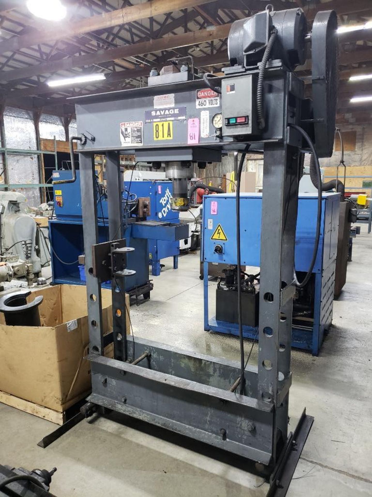 Savage 75 ton H frame press. Electric over hydraulic at 3000psi. 3 phase, 460v.