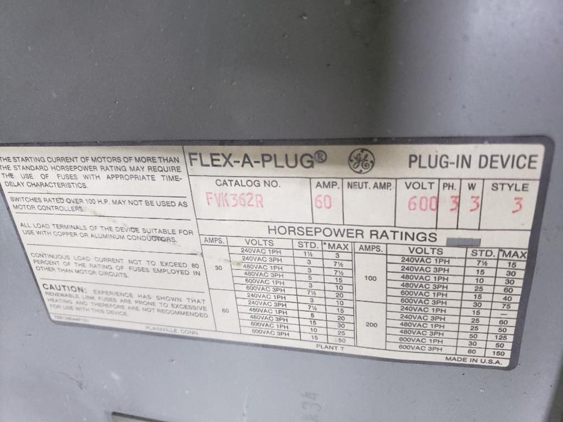 Qty 5 - GE Flex-A-Plus bus plug catalog FVK362R, 60amp, 600vac. - Image 3 of 5