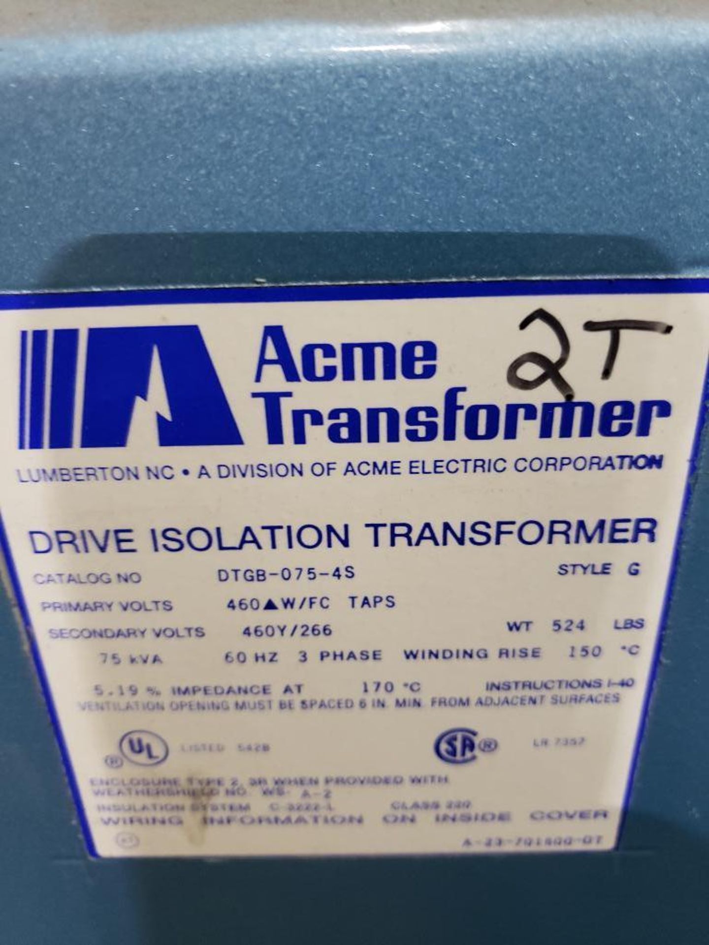 75kVa Acme transformer. Catalog DTGB-075-4S, primary 460v, secondary 460Y/266. Weight 524lbs. - Image 2 of 2