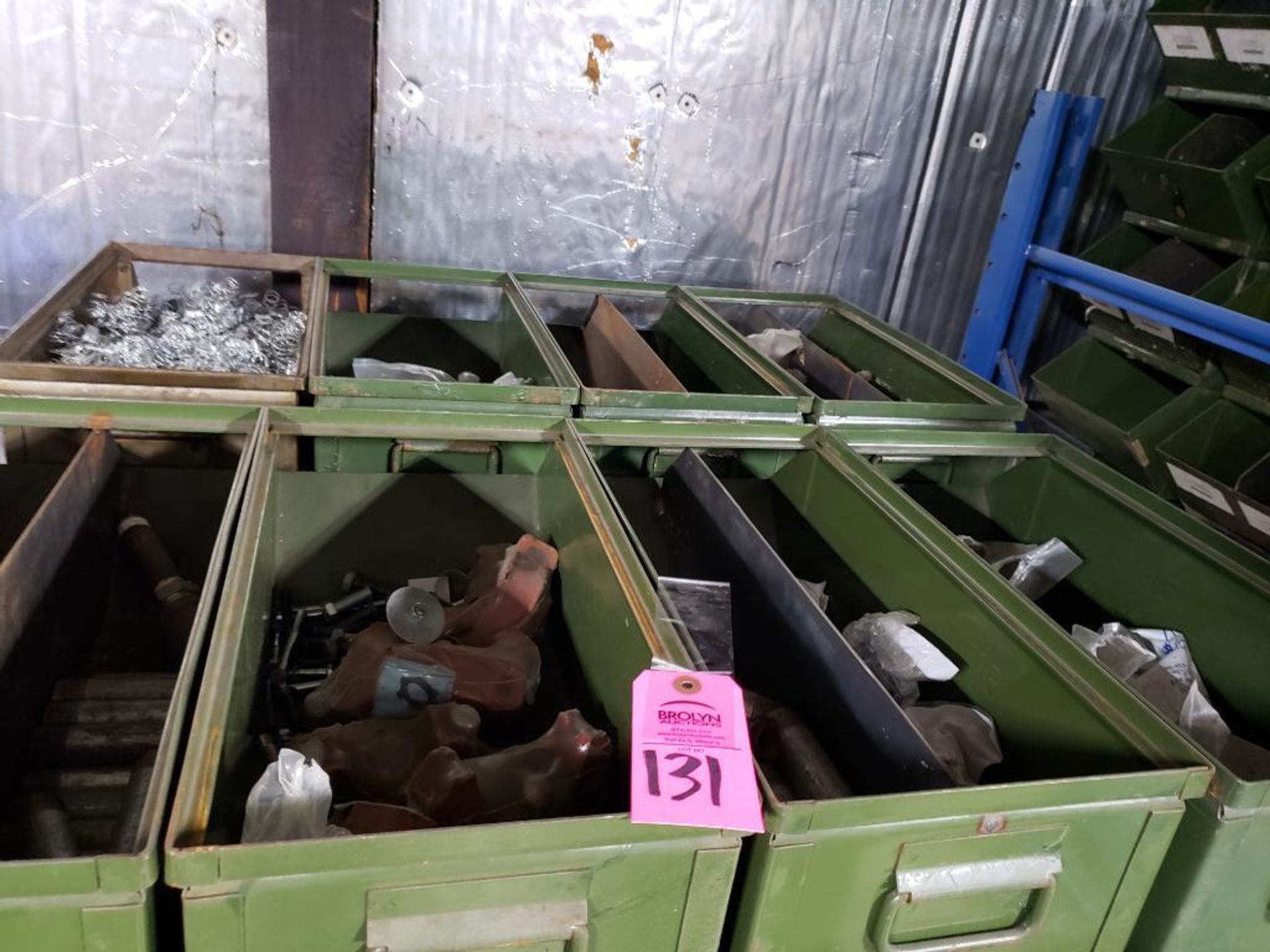 Pallet of assorted hardware and stack on bins.