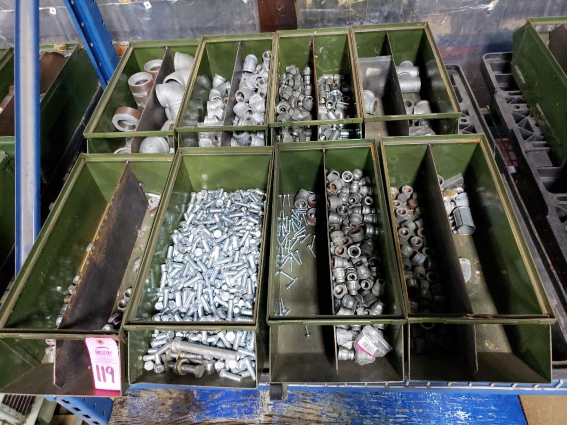 Pallet of assorted hardware and stack on bins.